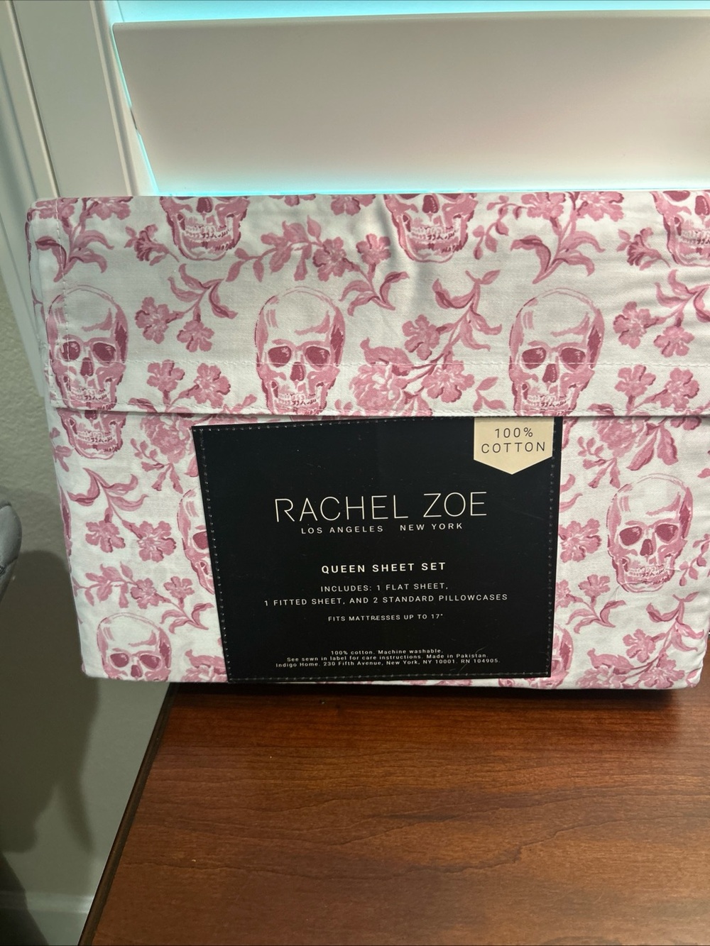 Rachel Zoe Halloween Girly Skull Floral 100% Cotton QUEEN Sheet Set PINK - Picture 2 of 2